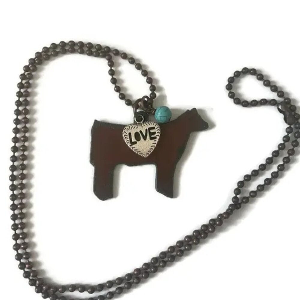 Rustic Steer Cow Necklace with Love Charm and Bead Copper NWT - Picture 2 of 2